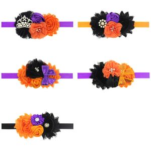 Fasce per capelli per bambini Fasce per fiori con fiocco di Halloween Boutique per ragazze Tiara con strass Accessori per capelli in raso Bambini in chiffon shabby