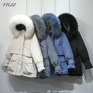 Echte natürliche Fuchspelz Daunenmantel Winterjacke Frauen Dicke weiße Ente Schnee Parkas Warme Schärpe Krawatte Up Oberbekleidung 210423