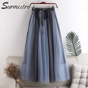 SURMIITRO Summer Midi Long Tulle Skirt Women Korean Style Patchwork Mesh Mid-Length High Waist Pleated Skirt Female 210712
