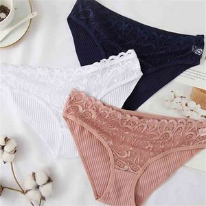 5pcs kvinnliga trosor sexiga panty briefs spetsar kvinnor underkläder underkläder för bomull fasta andningsbara färger damer underbyxor 210730