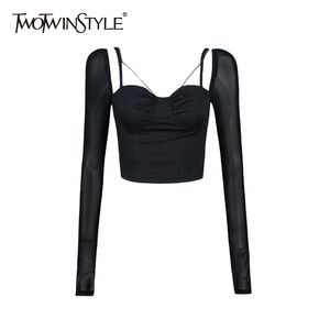 TWOTWINSTYLE Sexy Slim Patchwork T Shirt For Women Square Collar Long Sleeve See Through Short Tops Female Fashion Clothing 210517