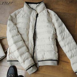 Winter Frauen Jacke Stehkragen Reißverschluss Spitze Schwarz Kurze Daunenmantel Weiße Ente Dicke Warme Schnee Parka Outwear 210430