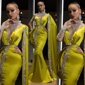 2021 Lemon Luxury Crystal Mermaid Formell Prom Klänningar med Cloak One Full Sleeves Hög krage Beaded Long Evening Gowns Vestidos de Noiva