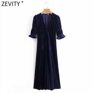 Zevity French Style Women Eleganckie V Neck Solid Slim Velvet Midi Sukienka Lady Spadek Pleats Pół Rękaw Chic Party Vestido DS4772 210603