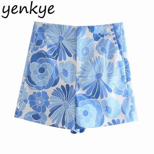Blå blommigryck shorts kvinnor vintage hög midja dragkedja flyga kvinnliga korta byxor sommar pantaloner cortos 210430
