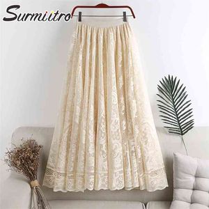 Spring Summer Long Tulle Skirt Women Korean Style Lace Hollow Out High Waist Aesthetic Maxi Pleated Female 210421