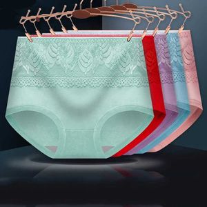 5pcs / set High Waist Women Panties Pure Bomull Body Shaper Underkläder Andningsbar Söt Briefs Sexig Lace Comfort Kvinna Underkläder 211021