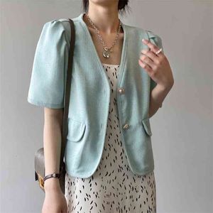 Summer Korean Style Bubble Sleeve Crop Top Women Office Lady V-neck Basic Short Tweed Jacket Coat Fashion Casual Outwear 210514