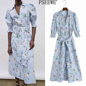 Sukienka Blue Floral Print Długie Koszula Kobiety Lato CottageCore Krótki Rękaw Puff Kobieta ES Dorywczo ES 210519