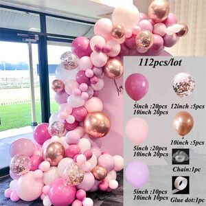 112pcs Rose Gold Confetti Chorme Metallic Balloon Arch Garland Pink Rose Red Latex Globos Wedding Birthday Party Decorations toy 210719
