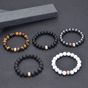 Braccialetto con perline in pietra naturale da 10 mm Arcobaleno LGBT Relazione Coppie Braccialetti con perline di lava Yoga con occhio di tigre Regolabili