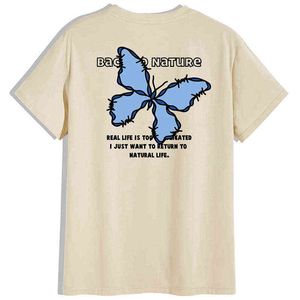 2021 New Design Hip Hop Streetwear Beige Men T Shirt Blue Butterfly Nature Life Summer Short Sleeve Cotton Loose Tops Tees Boy Y220214