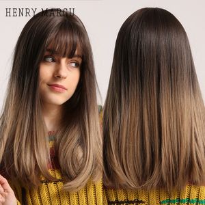 Ombre Braun Blonde Perücken mit Pony Lange Bob Gerade Synthetische Perücken für Schwarze Frauen Afro Täglich Hochtemperatur Wigfactory direkt