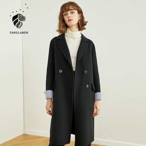 FANSILANEN Cappotto di lana lungo nero da donna Autunno inverno giacca coreana vintage da donna oversize in lana da donna sopra 210607