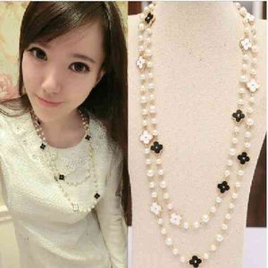 Korean Versatile Fashion Clover Pearl Crystal Accessories Exaggerated Decoration Jewelry Long Sweater Necklace