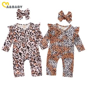 0-12M Spring Autumn born Infant Baby Girls Clothes Leopard Romper Long Sleeve Jumpsuit + Headband 210515