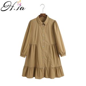 H.SA Ruffles Women Summer Long Sleeve Oversized Khaki Pleated Vestidos Pure Cotton Turn Down Collar Dress 210417