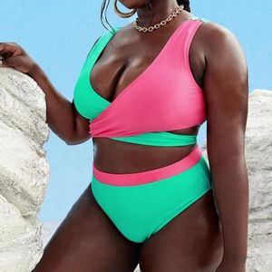 Женские купальные костюмы бикини 2021 пляжная одежда большой расщепленный кросс -цвет, соответствующий высокой талию жирной женщины -купальники, купальные купальные костюмы пляж.