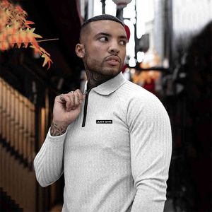 Fashion Long Sleeve Zipper Mens Polo Shirts Lapel Neck Fitness Polo Shirt Men Slim Fit Knitted Tops Tee Autumn Men's Clothing 210421