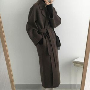 2023 женское элегантное длинное шерстяное пальто с поясом, однотонное шикарное пальто с рукавами, осенне-зимнее женское пальто