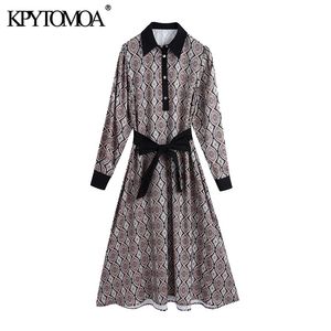 Kvinnor Chic Fashion Patchwork Printed Midi Dress Vintage Långärmad Bow Slips Sashes Kvinna Klänningar Vestidos Mujer 210416