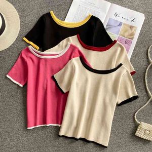 Letnia dzianiny Tshirt Kobiety Koreański Slim Patchwork Kolor O Neck Krótki rękaw T-shirt Casual Krótki Knit Sweter Top 210420