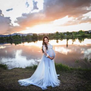 Moderskap Foto Fotografering Lång klänning Graviditetsfotografering Maxi Gown Tulle Outfit X0902