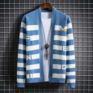 Stripe Contrast Mens Sweaters Sweter de Hombre Fashion Cardigan Stand Collar Tröja Vetement Homme Män Kläder 210925