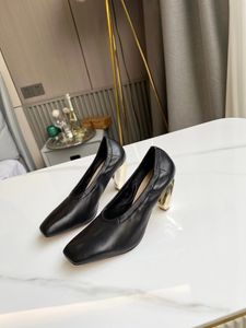 Stylishbox- 20220221 40/41 GOLD HEEL STRETCHY SHOES مربع إصبع القدم جلد الخروف جلد طبيعي موضة مضخات عادية عمل مثير يجب أن يكون مخروط 7.5 سم