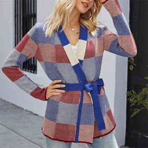 Plaid sweter dzianiny sweter topy damskie vintage jesień zima damskie koronki pasa Casaul 210427