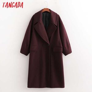 Tangada Kvinnor Vinter Vin Röd Tjock Varm Woolen Coat Fickor Kontor Lady OuterWear Chic Long Overcoat 1d65 210609