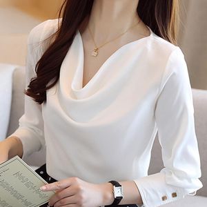 Bluzka Kobiety Blusas Mujer de Moda 2021 Z Długim Rękawem White V-Neck Szyfonowe Koszulki Bluzki Koszulki Topy Blusa D476 Kobiet