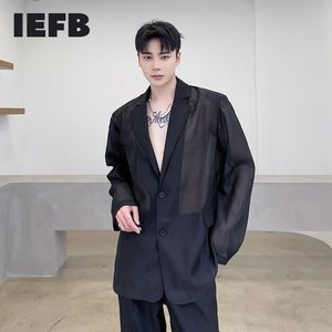 IEFB Summer Organza Fabric Sexy See Through Blazer bianco nero per uomo Cappotto con maniche lunghe con colletto dentellato 9Y7001 210524