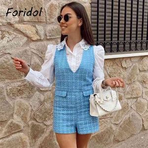 Foridol Tweed Knitted Blue Rompers Overalls Spring Autumn Ladies V Neck Sleeveless Blue Playsuit New Streetwear Fashion 210415