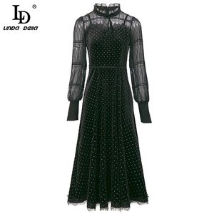 Modedesigner Sommer Wunderschönes Partykleid Damen Luxus Spitze Laterne Ärmel Polka Dots Samt Midi 210522