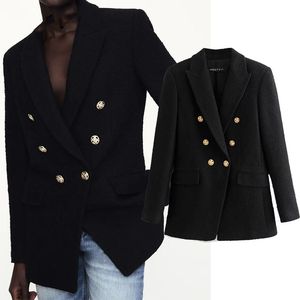 Women Suits Fashion Metal Double Breasted Woollen Blazers Vintage Long Sleeve Coat With Pocket Female Outerwear Chic Tops Autumn Winter office work Outercoat
