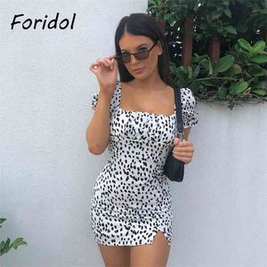 Leopard Print Ruched Slit Bodycon Dress Women Night Club Party Short Summer White 210427