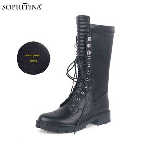 Sophitina Mid-Calf Boots Women's Black Motorcycle Millitary Combat Booties With Warm Plush Winter Outdoor Fashion Shoes PC777 210513