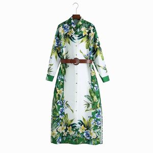 Vintage Women Floral Dress Spring Mode Modern Lady Långärmad Bälte Klänningar 210602