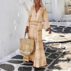 Plus Size 3XL Kobiety Eleganckie Długie Drexy V-Neck Model Boho Print A-Line Party Dresses 2021 Letnie Panie Vintage Maxi Dress X0621