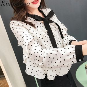 Kimutomo Camicetta in chiffon a pois con fiocco Camicia da donna Primavera Moda Chic Ladies Elegante Bowknot Lace Up Manica lunga Top 210521