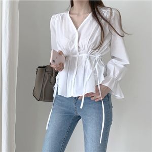 White Sweet Chic Elegant Autumn Waist-Controlled Fresh Simple Ruffles All Match Loose Office Ladies Gentle Casual Shirts 210421