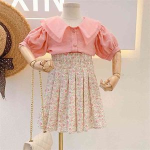 夏の女の子の服セットレースラペルトップス+花のプリーツスカート2ピーススーツプリンセス幼児ベイビーキッズ子供服210625