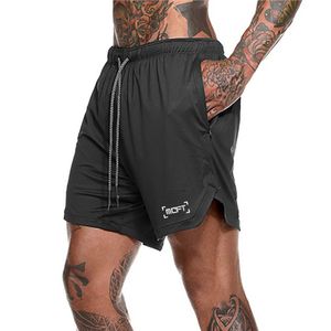 Men's Fitness Shorts Mens 2 in 1 Gyms Male double-deck Mesh Quick Drying Security Pocket Jogging Men 210421