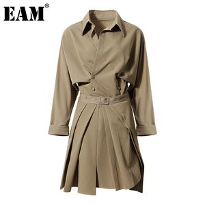 [EAM]半身スカート2個非対称プリーツスーツターンダウンカラー長袖緩い女性ファッション春秋21512