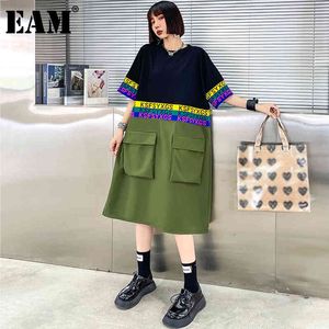 [EAM] Women Green Big Size Spliced Pocket Dress Round Neck Half Sleeve Loose Fit Fashion Spring Summer 1DD7185 21512