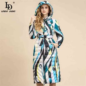 Designer Sprint Fashion White Duck Down Overcoat Kvinnor Långärmad Print Belt Lady Elegant Hooded Coat 210522