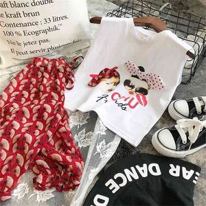 Summer Girls' Clothing Sets Fashion Korean Cartoon Bowknot Vest+ Cropped Trousers 2PCS Baby Kids Clothes Suit Children 210625