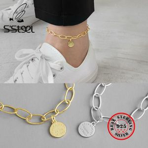 S'STEEL 925 Sterling Silver Anklets Dla Kobiet Geometria English Disk Gold Color Enkelbandje Zilver Foot Acessorios Fine Jewelry