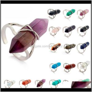 Solitaire Fashion Hexagonal Prism Rings Gemstone Rock Natural Crystal Quartz Healing Point Chakra Stone Charms Opening Ring For Women K4Ula